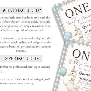 May include: A digital invitation template for a first birthday. The design features a cartoon goose holding a balloon, with text that reads "ONE Silly Goose" and details for the event. The background has a blue and white checkered pattern.