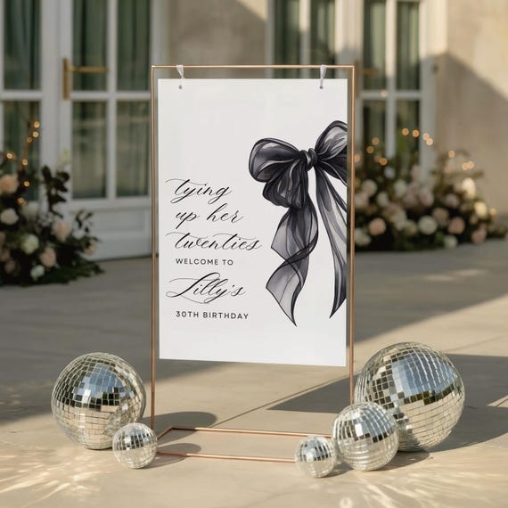 Shes Tying up her Twenties 30th Birthday Sign, Black Bow Invite, 30th Birthday Invite, Coquette Birthday, Instant Download