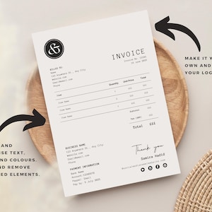 May include: A black and white invoice template with the text "Invoice" at the top. The template includes fields for billing information, item descriptions, quantity, unit price, and total. The template also includes a section for payment information and a thank you message.