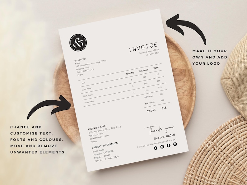 May include: A black and white invoice template with the text "Invoice" at the top. The template includes fields for billing information, item descriptions, quantity, unit price, and total. The template also includes a section for payment information and a thank you message.