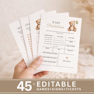 May include: A collection of cream-coloured baby shower prediction cards featuring teddy bear illustrations and gold text. The cards have sections for baby name, gender, and other predictions. The bottom of the image reads "45+ EDITABLE GAMES SIGNS TICKETS."
