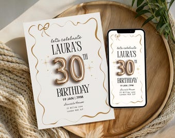 Digital 30th Birthday Invitation Template, Electronic 30th Party Invite, Gold Digital Evite, Glitter Birthday Party, Editable Template