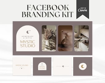 May include: A Facebook branding kit for a homeware and gifts shop called Mystic Studio. The kit includes a logo with a crescent moon and stars, a color palette of beige and brown, and a variety of images featuring home decor items.