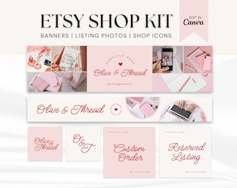 May include: A pink and white Etsy shop banner template with the text "Olive & Thread" and the shop's Instagram handle. The banner is divided into nine squares, each with a different image. The images include a pink notebook, a laptop, a phone, and a pink and white floral arrangement. The banner is designed to be used on Etsy to promote the shop's products.