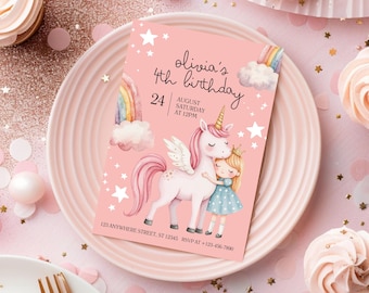 Unicorn Birthday Invitation, Pastel Rainbow Party Invite, Sparkle Girls Canva Template, Printable Digital Download Girls Invitation