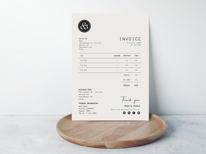 May include: Black and white invoice template with the text "Invoice" and "Thank you" in a handwritten font. The invoice includes a business name, address, website, email, and phone number. The invoice also includes a payment information section with bank name, account number, and payment date.