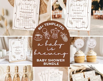 A Baby Is Brewing Baby Shower Bundle, 85+ Editable Canva Templates, Printable Invitations, Games, Signs & Decorations, Instant Download