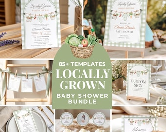 Kit para Chá de Bebê com Produtos Locais, Modelos Editáveis do Canva, Decoração para Chá de Bebê com Tema de Feira de Produtores, Chá de Bebê "Brotinho", Jogos para Imprimir