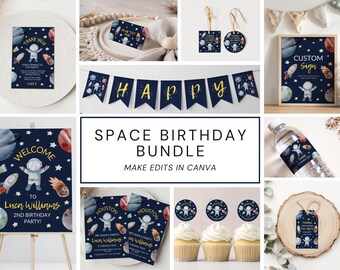 Può includere: Un pacchetto per feste di compleanno a tema spaziale con vari elementi. Include un cartello di benvenuto, biglietti d'invito, biglietti di ringraziamento, decorazioni per cupcake, etichette per bottiglie d'acqua e uno striscione con "HAPPY". I disegni presentano astronauti, pianeti e razzi.