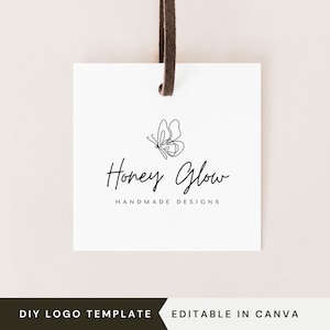 Puede incluir: Una etiqueta blanca con un dibujo de línea negra de una mariposa y el texto "Honey Glow Handmade Designs".