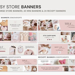 以下が含まれることがあります： 柔らかくニュートラルな色使いのEtsyストアバナーのコレクション。画像には、ショップ名やタイトルのプレースホルダーを含む、大、小、レシートバナーなど、さまざまなバナーサイズが表示されています。バナーはライフスタイル画像のコラージュを特徴としています。