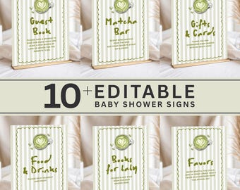 Editable Matcha Baby Shower Signs Bundle, Printable Canva Party Signs, Tea Party Baby Shower Decor, Welcome, Food, Guest Book, Gifts & Cards