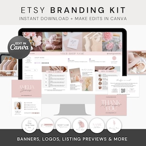 Shop Kit Templates, Etsy Shop Banner, Etsy Shop Branding Bundle, Pink Aesthetic Branding, Canva Templates Minimalistic