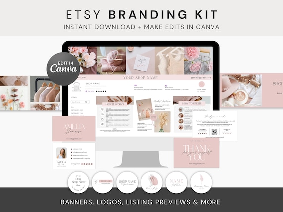 Shop Kit Templates, Etsy Shop Banner, Etsy Shop Branding Bundle, Pink Aesthetic Branding, Canva Templates Minimalistic