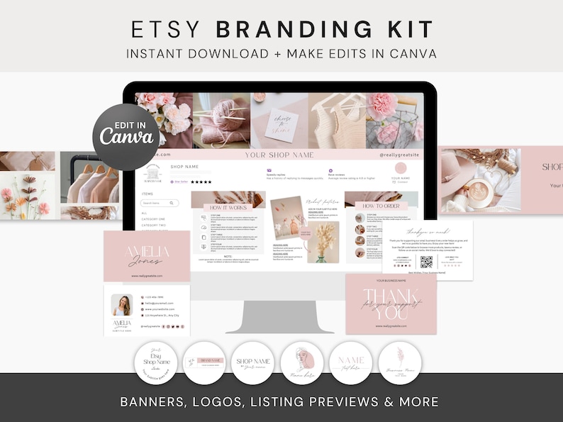 以下が含まれることがあります： Etsyブランディングキット。ウェブサイトのデザイン、名刺、ロゴが表示されたコンピューター画面。バナー、ロゴ、リストプレビュー用の編集可能なテンプレートが含まれています。配色は主にピンクと白で、上部に「ETSY BRANDING KIT」というテキストがあります。