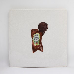 Decorative Tile, Ceramic Tile, Personalized Tile, Decoration, Ceramic Coasters, Hand Drawings, Sauce Drawings, Ketchup Sauce