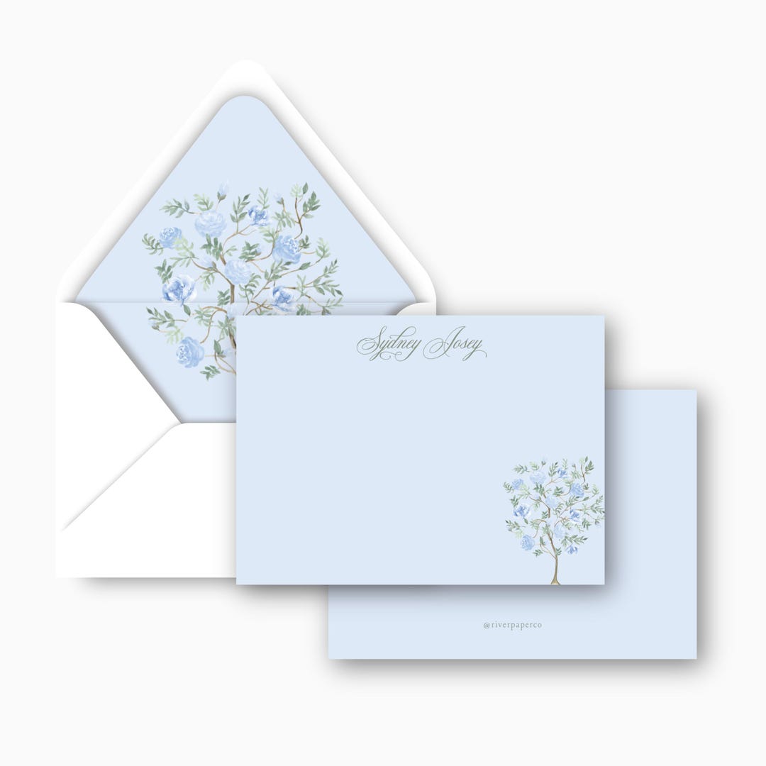 Personalized Stationery Set | Watercolor Tree W/ Blue Two Tone Florals ...