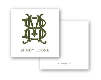May include: Two white square cards. The front card features a dark olive green monogram of the letters M, V, and B, with the name "Mindy Boone" below. The back card is blank with the text "@riverpaperco" in the bottom right corner.