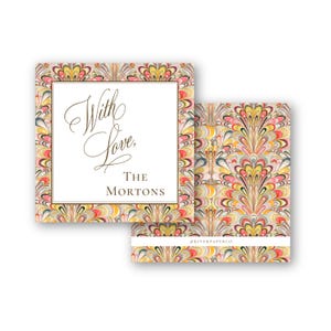 May include: Two square gift tags featuring a marbled pattern in shades of pink, yellow, and grey. One tag displays the text "With Love, THE MORTONS" in dark brown script and serif font. The other tag shows the full pattern and "@RIVERPAPERCO".