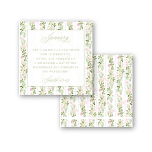 May include: Two square cards with floral designs. One card features the word "January" and a quote from Isaiah 43:19. The other card has a repeating floral pattern with pink and green flowers on a white background.
