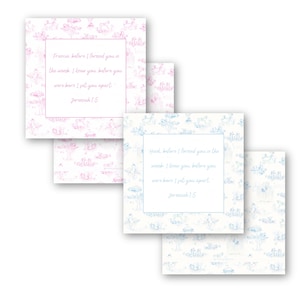 May include: Four square cards with a floral pattern in pink and blue. Each card has a white square in the center with a quote from Jeremiah 1:5. The cards are stacked at different angles.