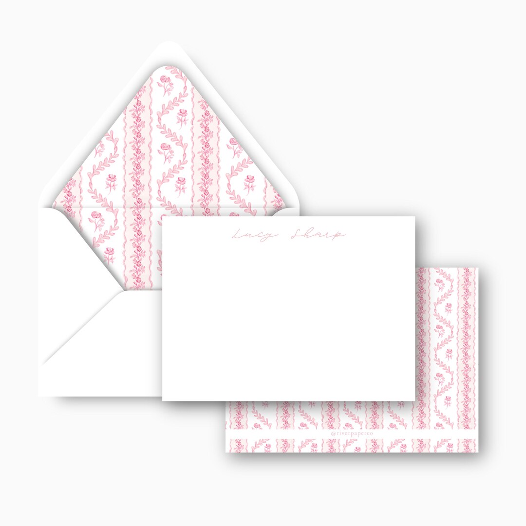 Personalized Stationery Set | Watercolor Pink Floral Border Design With ...