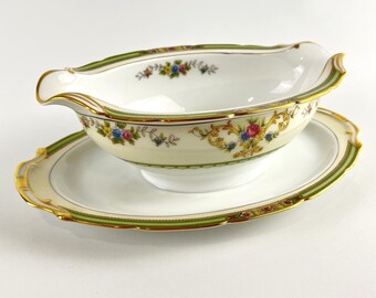Salsera Noritake Florola de la década de 1930 con plato inferior adjunto, color dorado festoneado, número 83374, ¡en perfecto estado!