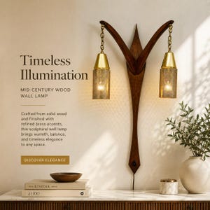 May include: A wall lamp featuring a dark wood frame with two hanging lights. Each light has a brass top and a cylindrical mesh shade. The text on the wall reads: Timeless Illumination, MID-CENTURY WOOD WALL LAMP, Crafted from solid wood and finished with refined brass accents, this sculptural wall lamp brings warmth, balance, and timeless elegance to any space. DISCOVER ELEGANCE.