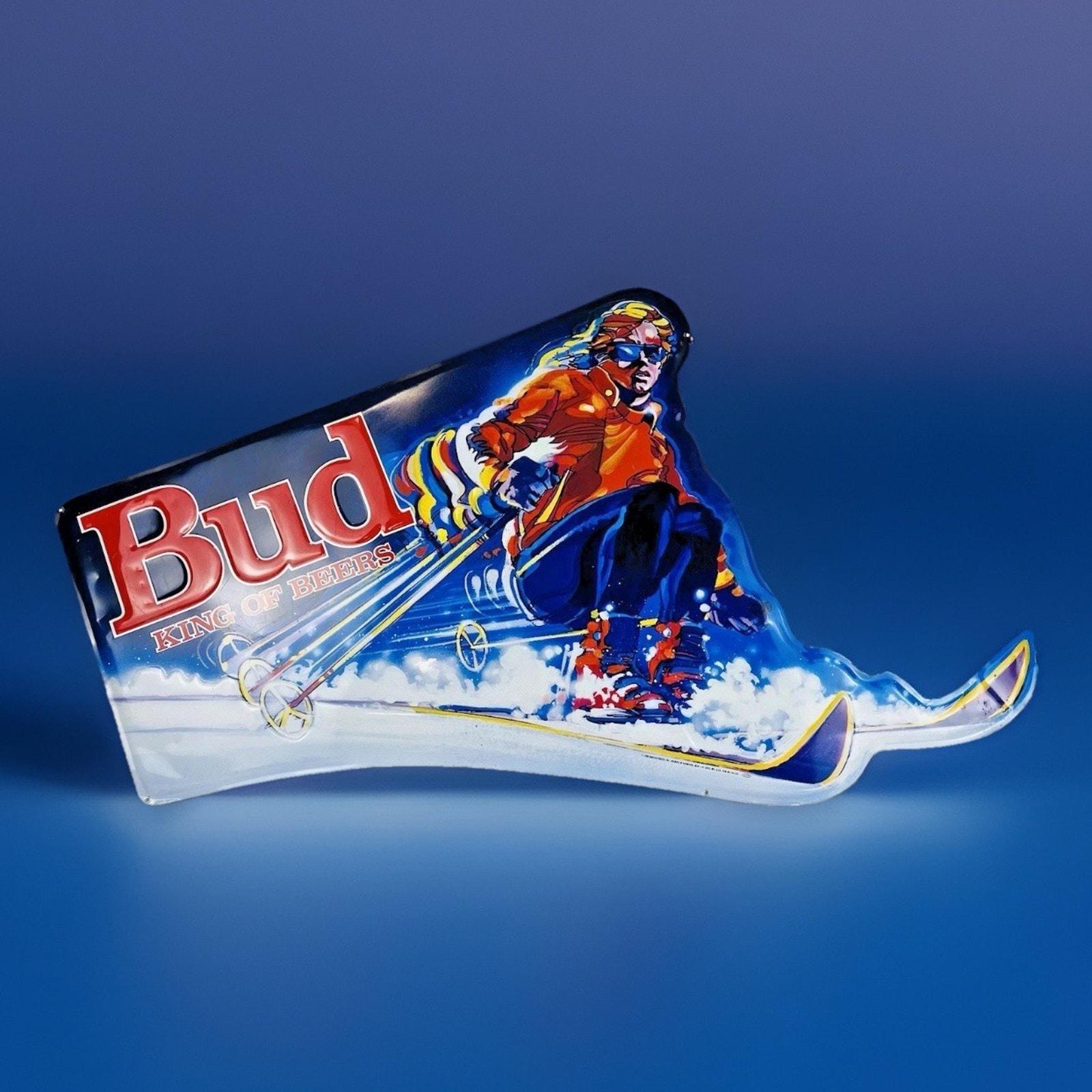 Budweiser スノーボード インテリア 90年代レトロ ヴィンテージ Vintage 1990s Budweiser Skiing Metal Tin Sign – Man Cave Decor