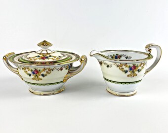 Juego de azucarero y crema Noritake de la década de 1930, Florola n.° 83374, banda verde, volutas doradas.