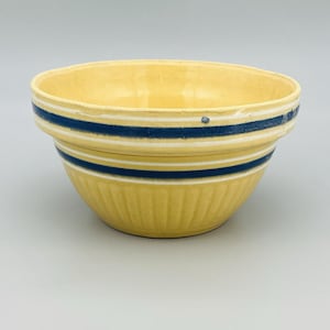 Vintage Blue & White Striped Yellow Ware Bowl: 9&quot; Primitive Stoneware Crock