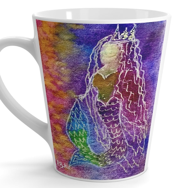 Mermaid Tail Latte Mug, Amethyst Mermaid, Ceramic Coffee Kitchen and Dining Decor, Original Watercolor, Mythical Creature Gift Under 30