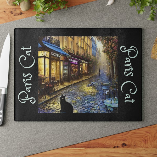 Glass Cutting Board Paris Cat 2 sizes avail-Cheese Charcuterie Plate Chopping Foodie Gift-Hostess Housewarming Wedding Gift French Theme