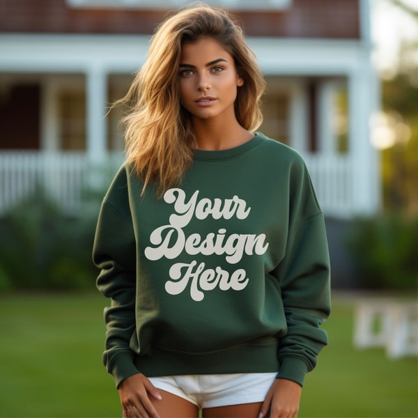 Country Club Mockup, Gildan 18000 Forest Green Sweatshirt Mockup, Old Money Aesthetic Mockup, Oversized Gildan Mockup, Bachelorette Mockup