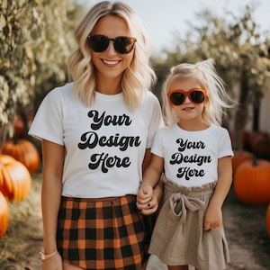 Mommy and Me mockup, mommy and me fall mockup, Family mockup, mom and daughter Mockup, white Bella 3001 Mockup, matching group Mockup, mama