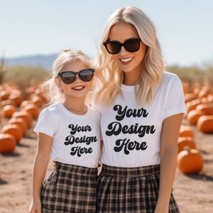 Mommy and Me mockup, mommy and me fall mockup, Family mockup, mom and daughter Mockup, white Bella 3001 Mockup, matching group Mockup, mama