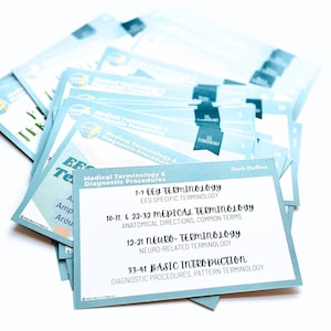 May include: A stack of blue index cards with the text "Medical Terminology & Diagnostic Procedures" and a deck outline for EEG, Medical, Neuro, and Basic Introduction terminology.