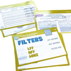 May include: A set of gold-colored flashcards with blue text and illustrations. The cards are titled "Electronics and Digital Instrumentation" and "Filters". The cards feature diagrams and text about filters, including LFF, HFF, and 60Hz.