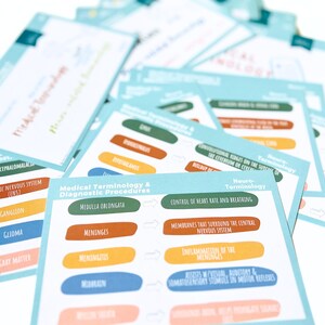May include: A set of colorful flashcards with medical terminology and diagnostic procedures. The cards are blue with yellow, orange, and green accents. The text on the cards includes terms like "Medulla Oblongata", "Meninges", "Meningitis", "Control of Heart Rate and Breathing", and "Membranes that Surround the Central Nervous System".