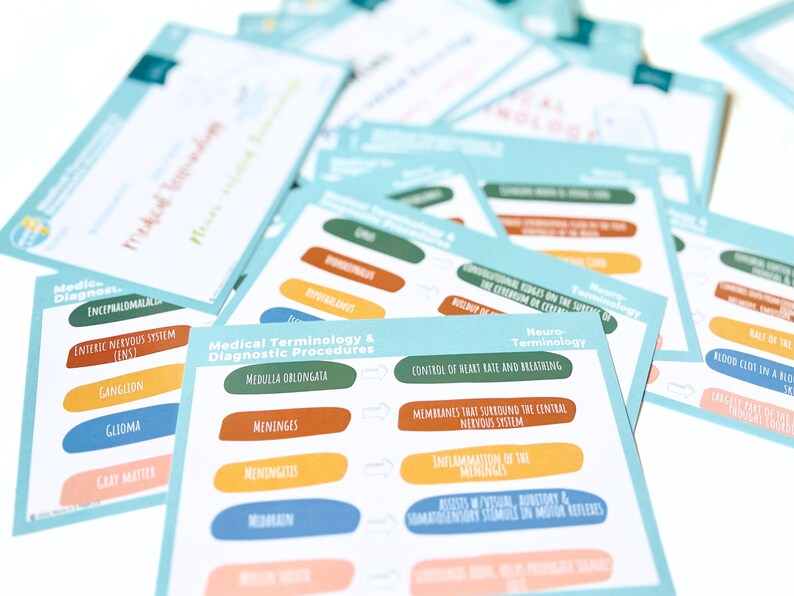 May include: A set of colorful flashcards with medical terminology and diagnostic procedures. The cards are blue with yellow, orange, and green accents. The text on the cards includes terms like "Medulla Oblongata", "Meninges", "Meningitis", "Control of Heart Rate and Breathing", and "Membranes that Surround the Central Nervous System".