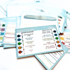 May include: A set of blue and white flashcards with medical terminology and diagnostic procedures. The cards feature a color-coded scale for prevalence, duration, and pattern terminology. The text on the cards includes terms like "continuous", "abundant", "frequent", "very long", "intermediate", "brief", "very brief", "slow down flow", and "narrowing".