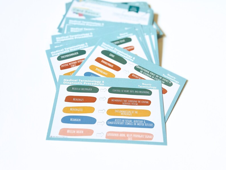 May include: A set of blue flashcards with colorful labels and arrows. The flashcards contain medical terminology and diagnostic procedures related to the nervous system. The terms include: Medulla Oblongata, Meninges, Meningitis, Midbrain, Myelin Sheath, Cerebrum, Hypothalamus,  and more.