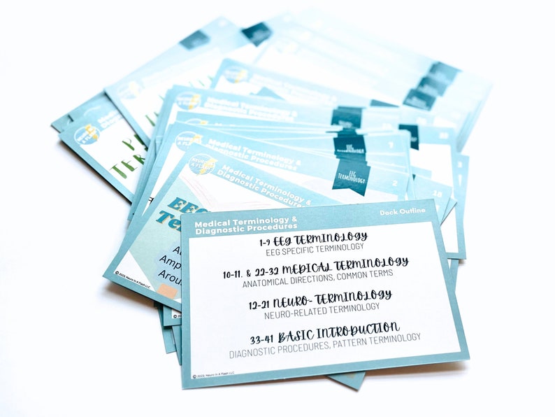 May include: A stack of blue index cards with the text "Medical Terminology & Diagnostic Procedures" and a deck outline for EEG, Medical, Neuro, and Basic Introduction terminology.