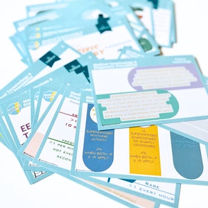 May include: A stack of blue and white cards with the text "Medical Terminology & Diagnostic Procedures" and "Rare < 1 Every Hour". The cards are part of a medical terminology and diagnostic procedures learning tool.