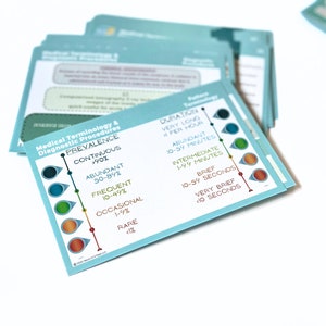 May include: A blue card with a chart showing the prevalence of medical terminology and diagnostic procedures. The chart shows the terms "continuous", "abundant", "frequent", "occasional", and "rare" with corresponding percentages. The chart also shows the terms "very long", "abundant", "intermediate", "brief", and "very brief" with corresponding time durations.