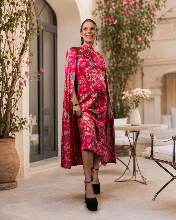 Cape Dress for Occasions, Proms, Formal Events, Evenings, Maternity Dress With an Asian Floral Pattern