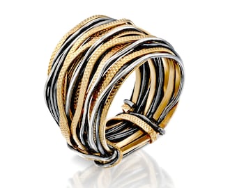 Mixed Metal Safari Ring, Two-Tone Silver and Gold-Filled Thumb Ring, Handmade Stacking Spiral Jewelry