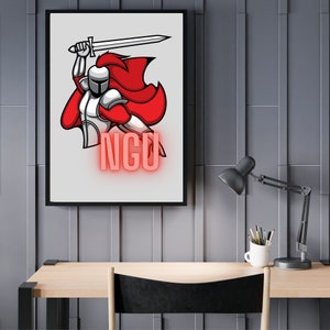 May include: A framed illustration of a knight in silver armor holding a sword, wearing a red cape, and standing in front of the word "NGU" in red.
