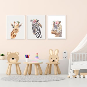 Flower Safari watercolor digital prints for nursery, child’s bedroom, playroom