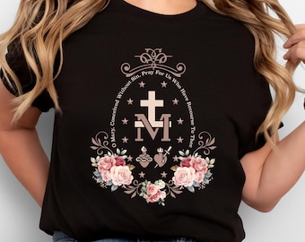 Floral Marian Cross T-Shirt, Catholic Women's Christian Tee
